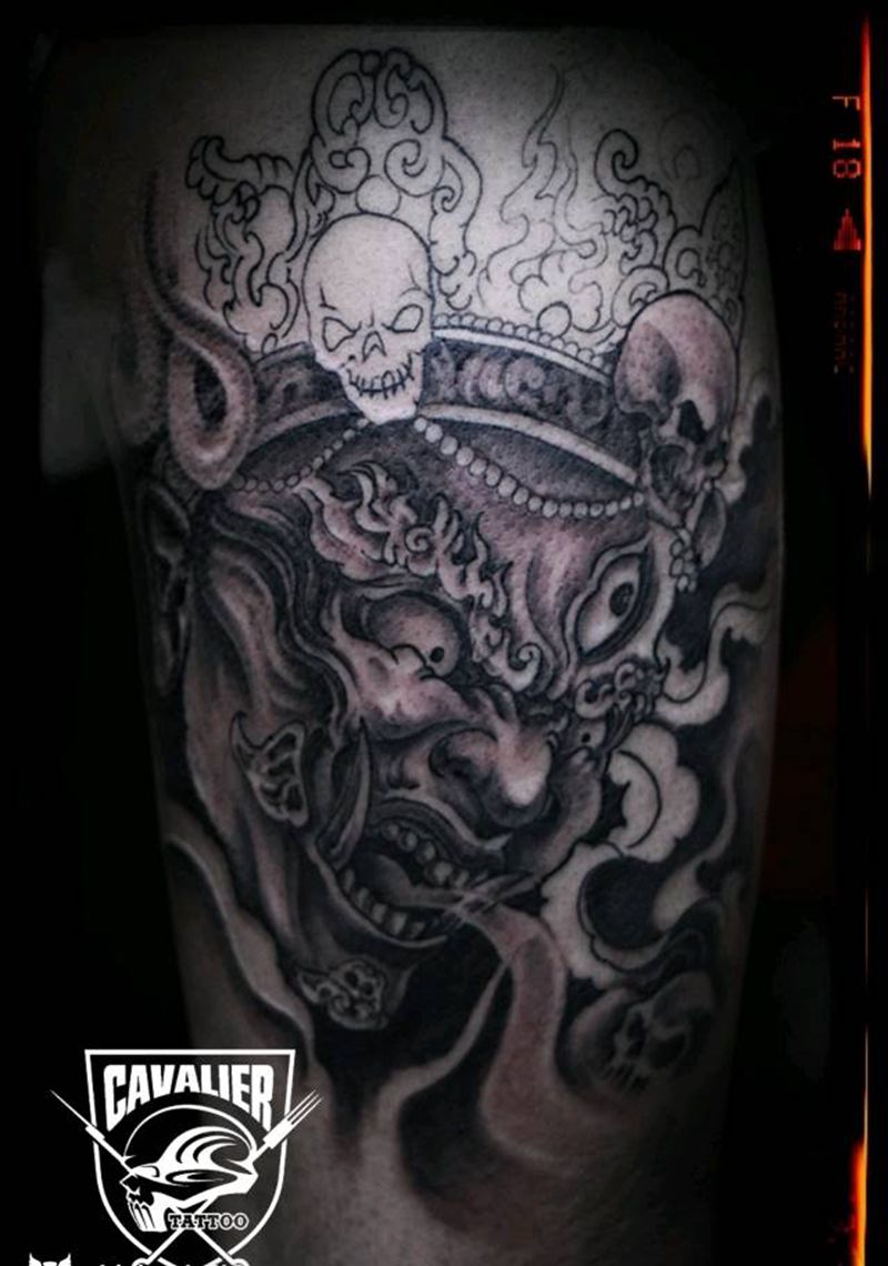 大腿外侧  大黑天纹身图片_腿部传统人物鬼神成品纹身图案