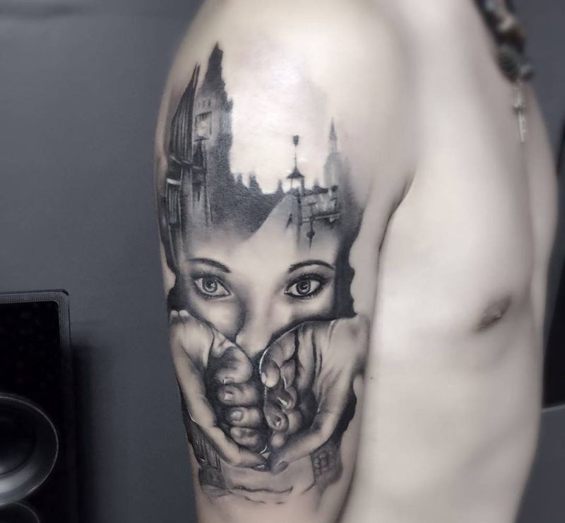 欧美写实大臂纹身图片_成品手臂肩部背部腿部欧美肖像写实人物纹身图案