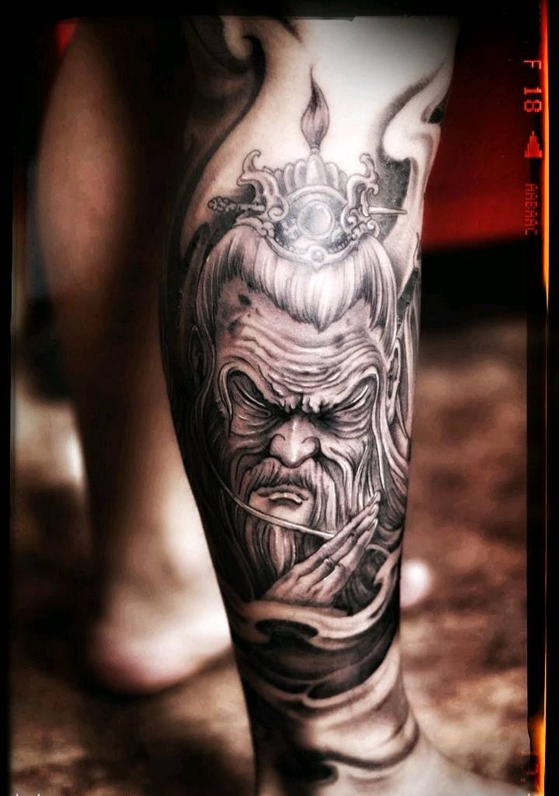 老姜纹身图片_腿部传统肖像人物鬼神成品纹身图案