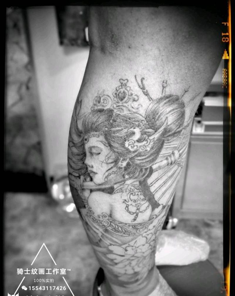 艺妓纹身图片_腿部传统人物成品纹身图案