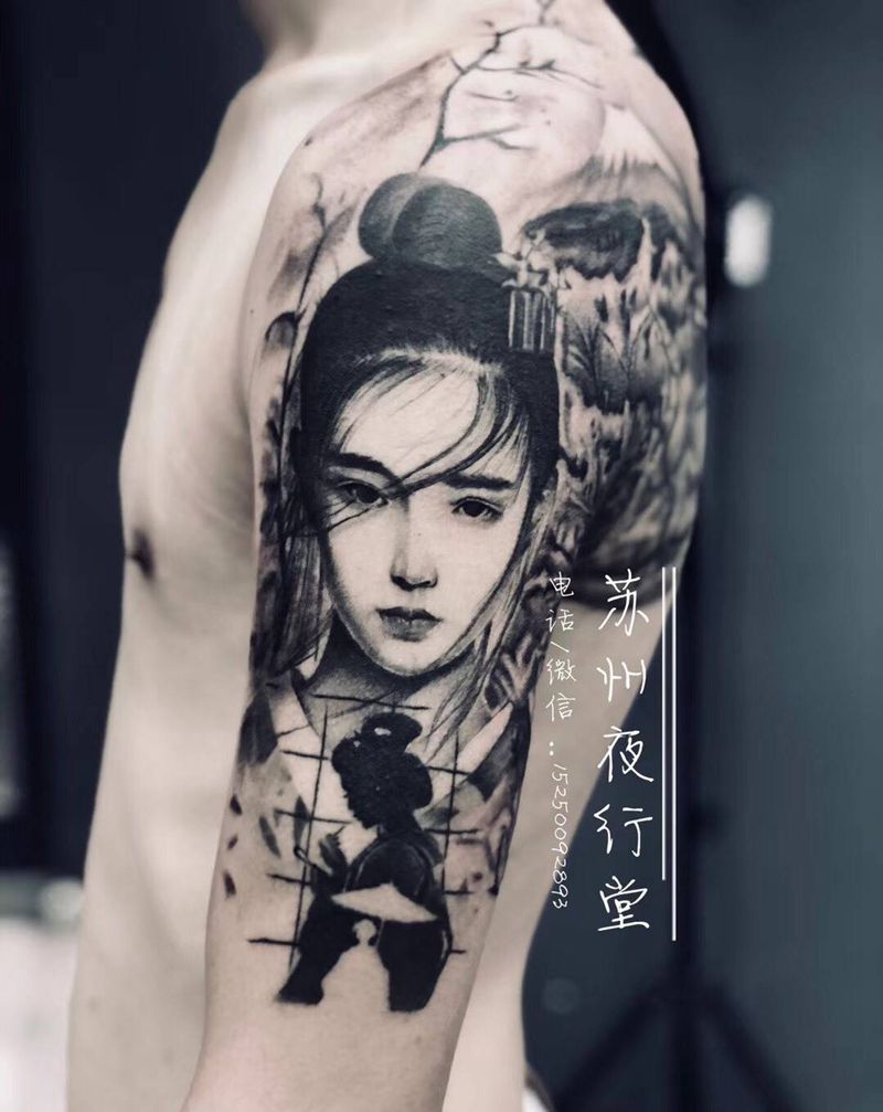 艺妓富士山纹身图片_手臂肩部欧美写实纹身图案