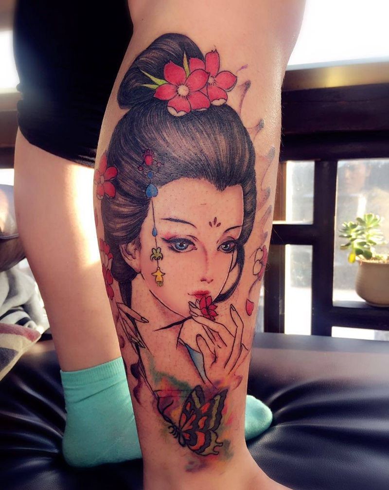 艺妓纹身图片_成品腿部背部手臂肩部传统人物纹身图案