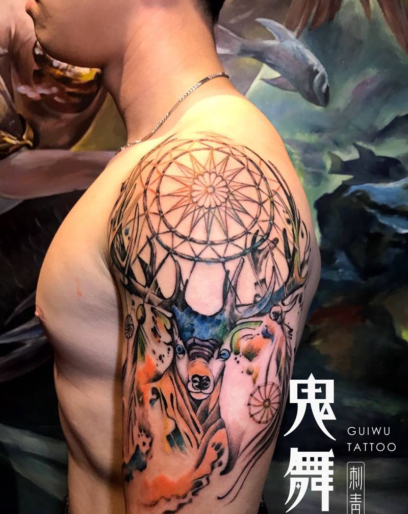 水彩 麋&捕梦网纹身图片