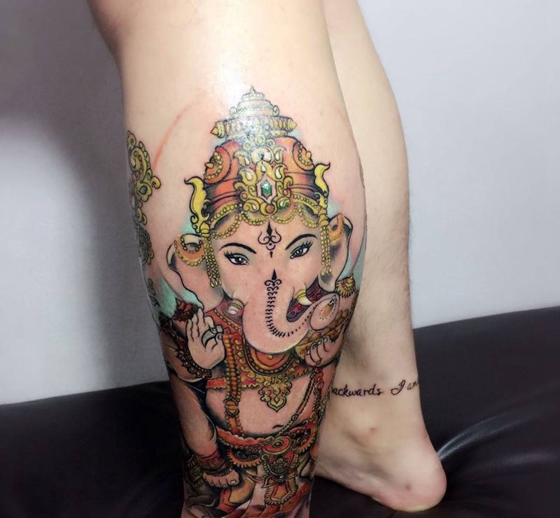 象神包小腿纹身图片_成品传统动物鬼神腿部背部手臂纹身图案