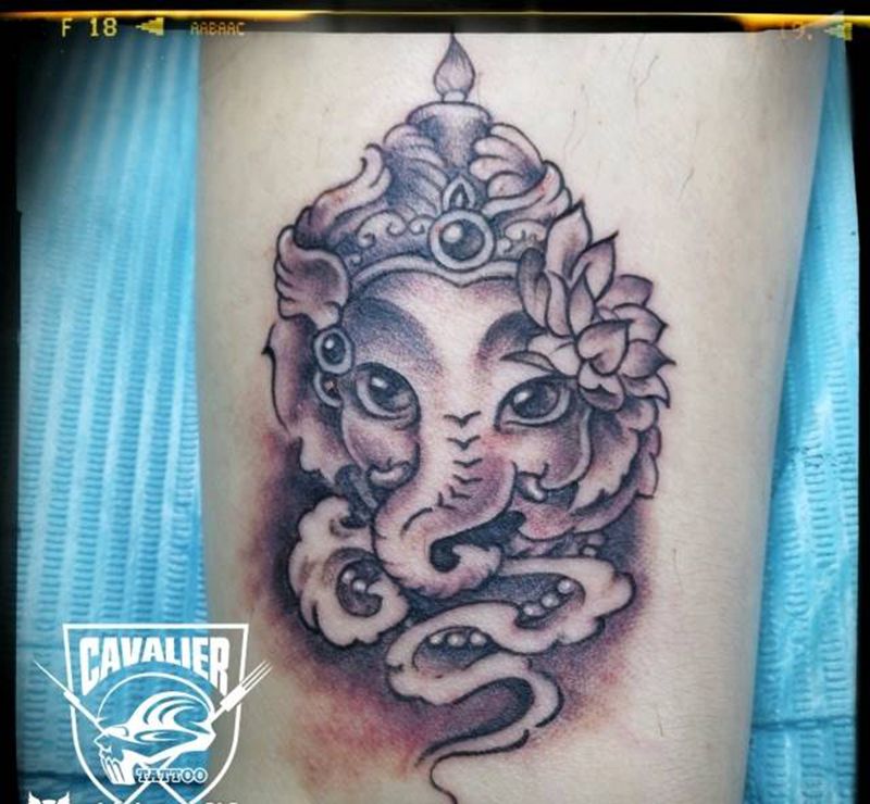 小象神纹身图片_腿部传统动物鬼神宗教成品纹身图案