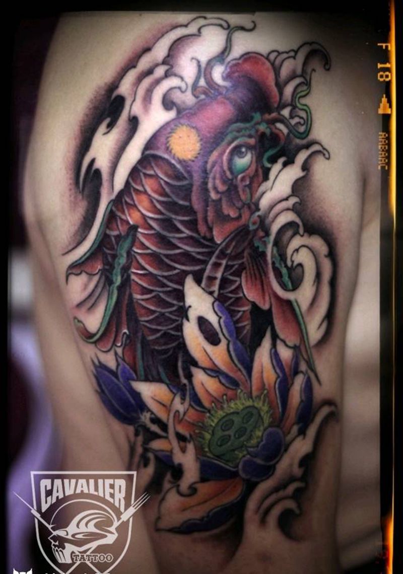 鲤鱼上色完成纹身图片_手臂传统动物原创成品纹身图案