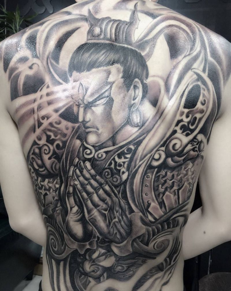 二郎神纹身图片_成品背部肩部手臂传统写实人物鬼神肖像腿部纹身图案