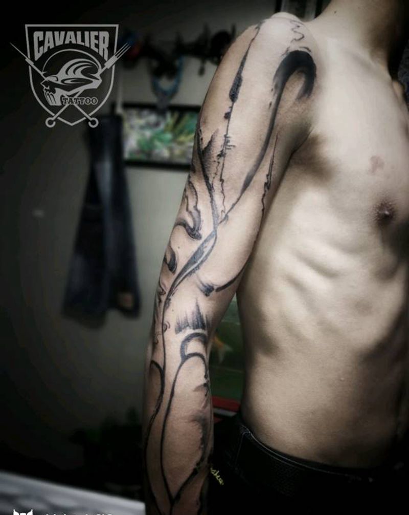 水墨丹青纹身图片_手臂传统国画几何图腾原创纹身图案