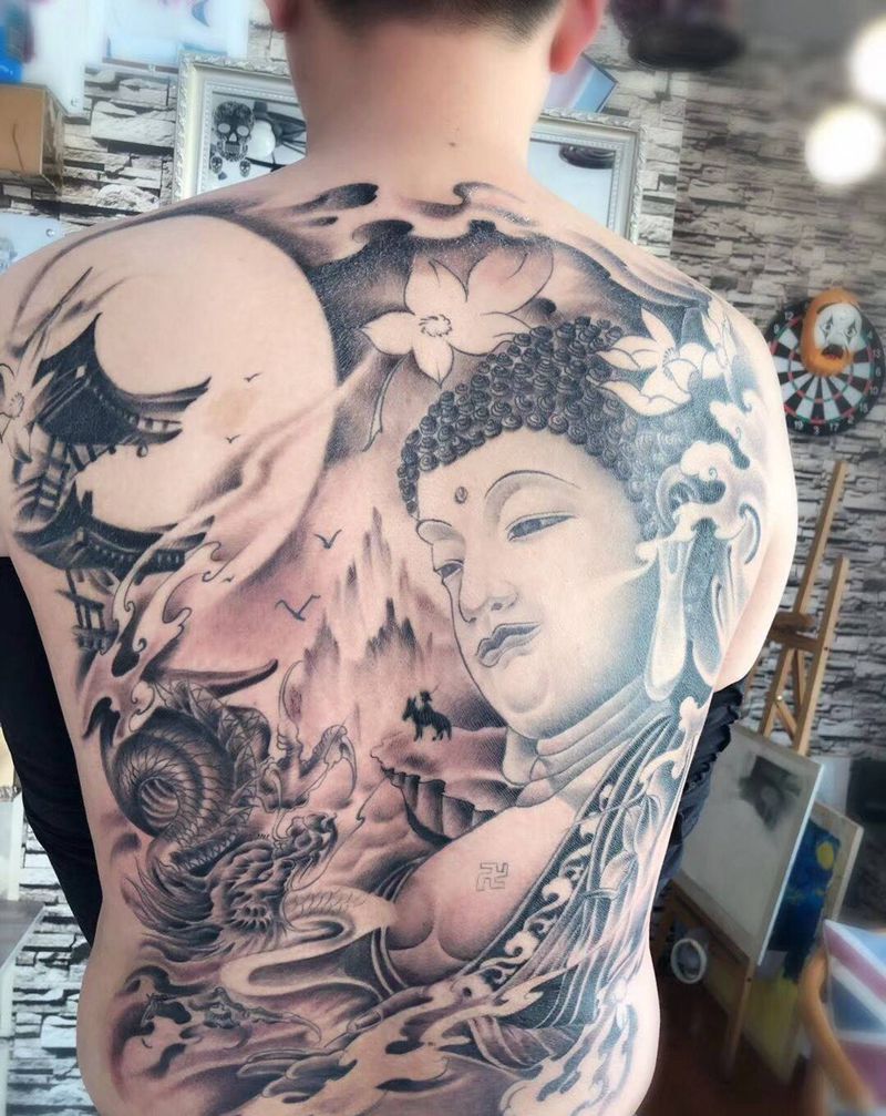 满背佛纹身图片_成品背部传统肖像鬼神人物纹身图案