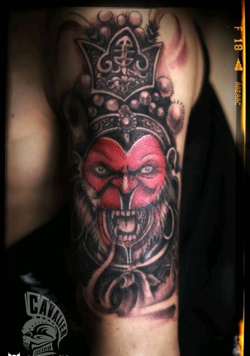 脸谱悟空纹身图片_手臂传统肖像人物鬼神宗教成品纹身图案