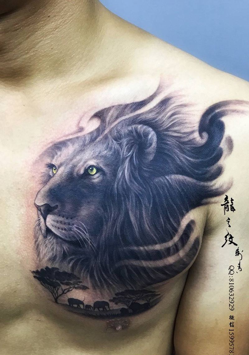 狮子纹身纹身图片_成品胸部写实动物龙之纹刺青纹身图案