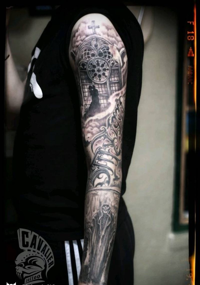 花臂遮盖，未完待续纹身图片_手臂欧美写实几何动物人物宗教原创成品纹身图案