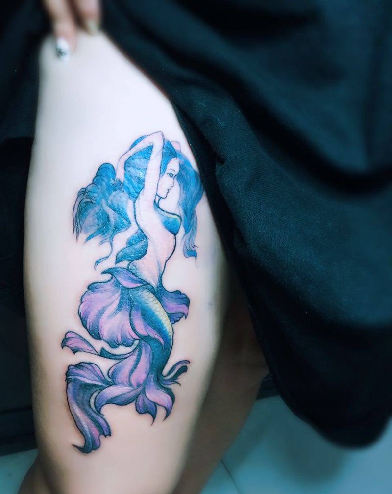 美人鱼纹身图片_成品腿部欧美清新动物纹身图案