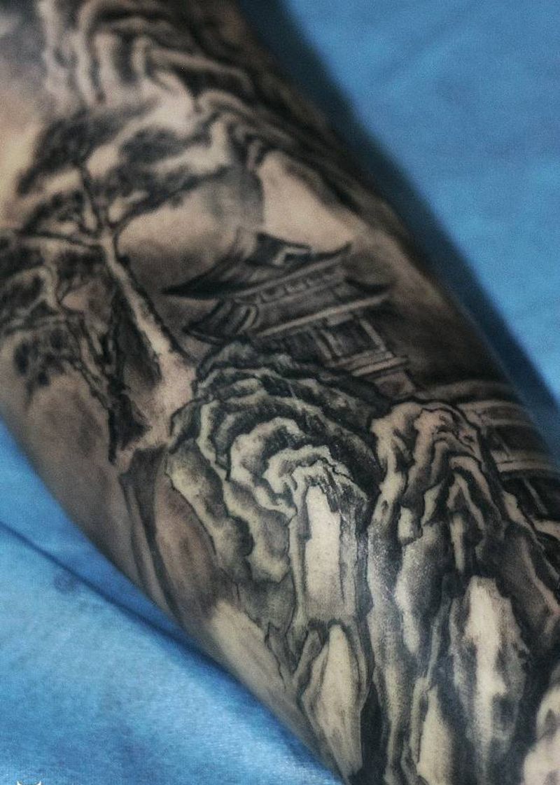 山水画纹身图片_腿部水墨山水画纹身图案