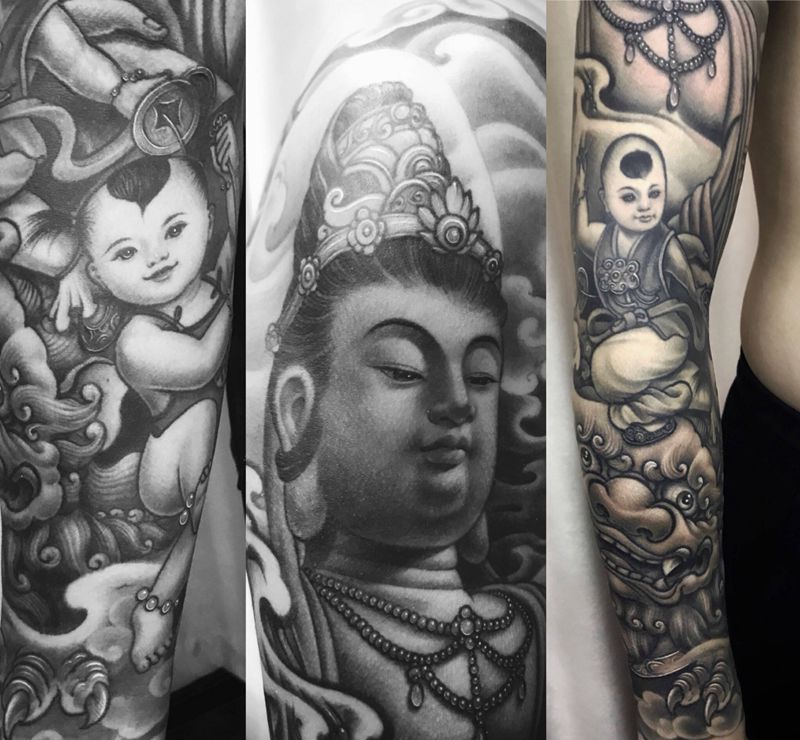文殊菩萨和童子花臂纹身图片_成品手臂传统人物宗教原创龙之纹刺青苏州纹身图案