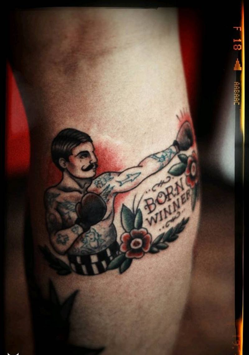 Old School 拳击手纹身图片_腿部欧美传统字符人物植物静物成品纹身图案