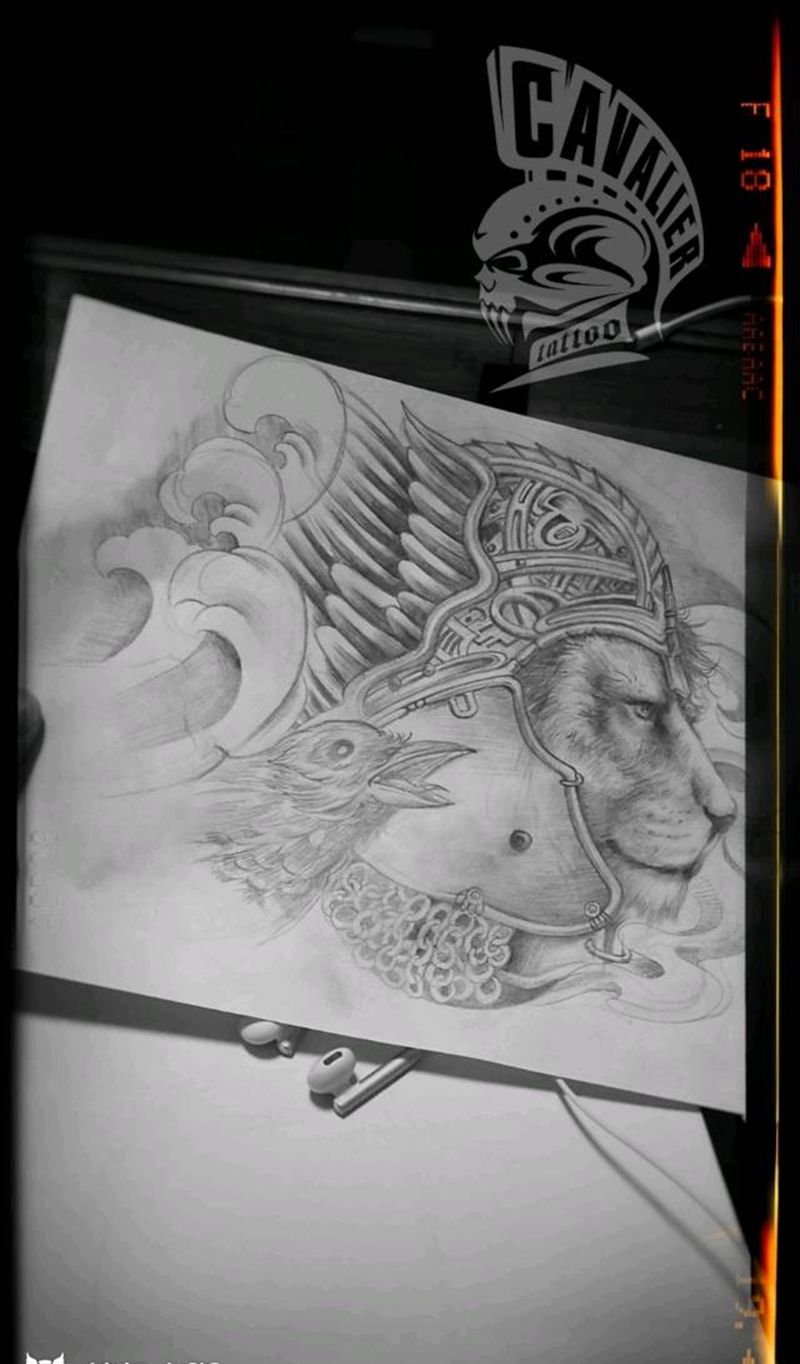狮武士纹身图片_胸部欧美写实动物鬼神原创成品手稿纹身图案