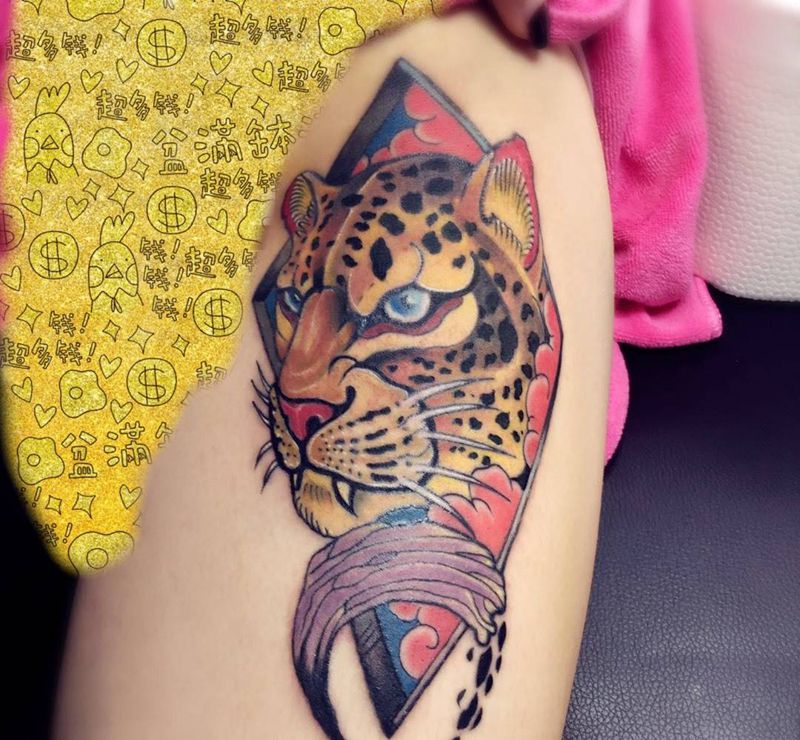 性感金钱豹纹身图片_成品腿部肩部背部手臂欧美写实动物鬼神纹身图案