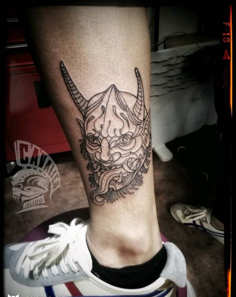 个性般若  线条风格纹身图片_腿部清新几何人物鬼神成品纹身图案