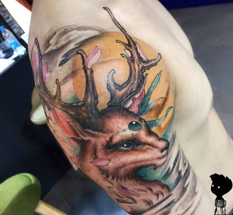 鹿纹身图片_成品手部传统植物动物原创纹身图案