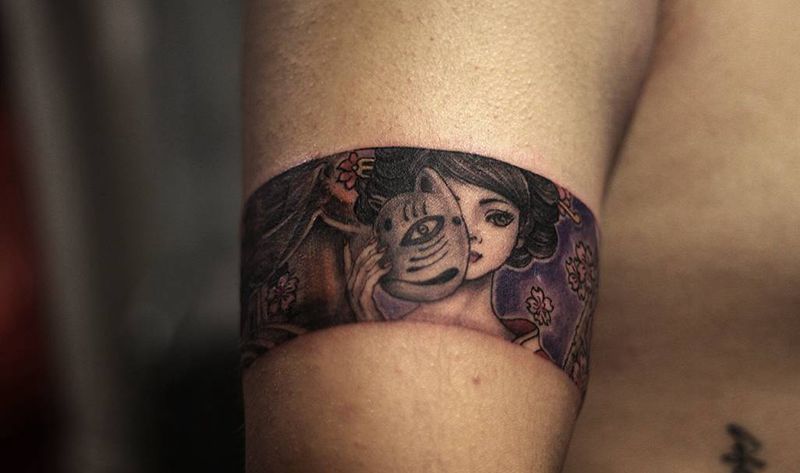 艺妓臂环纹身图片_手臂新传统纹身图案