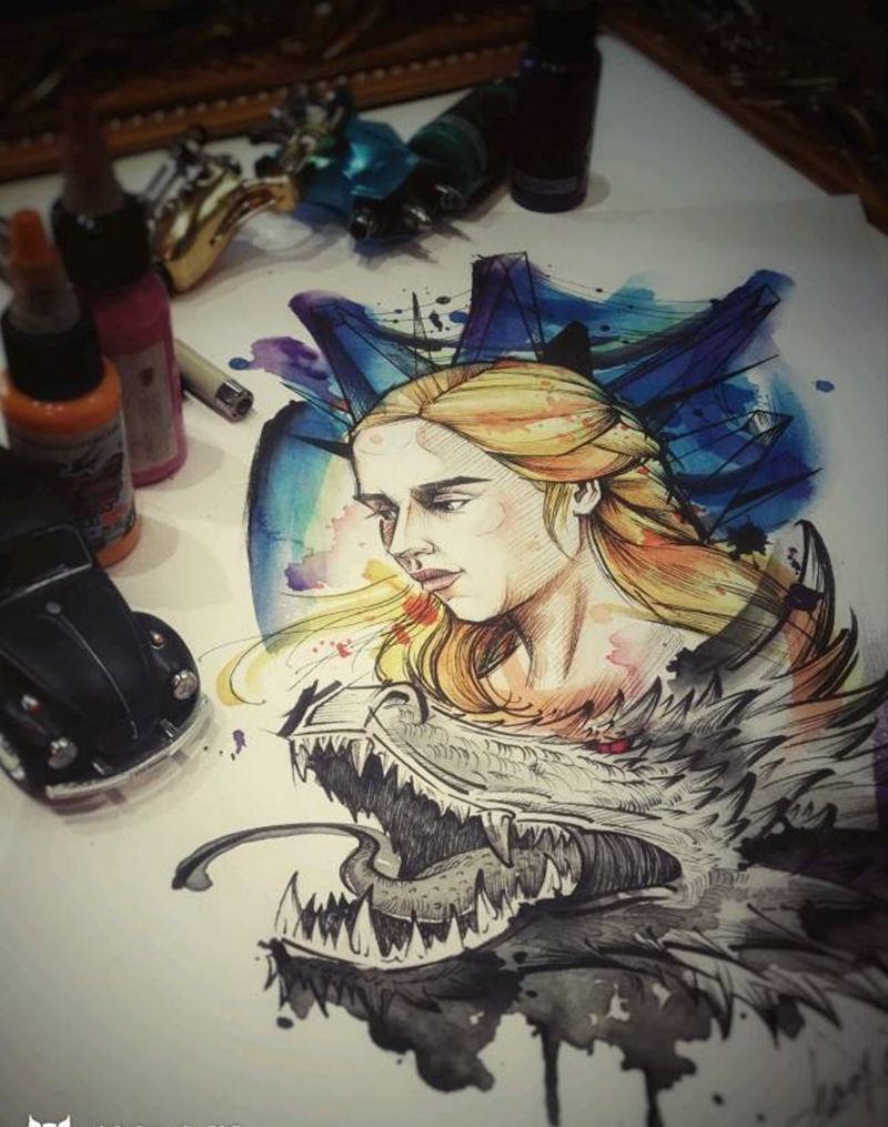 权游-龙妈纹身图片_手臂水彩New School纹身图案