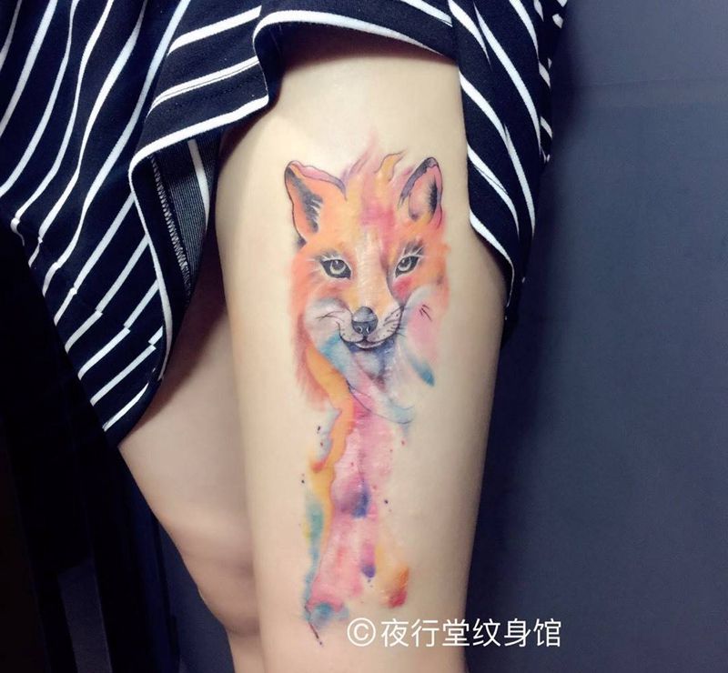 水彩狐狸纹身图片_成品腿部手臂肩部背部欧美清新动物纹身图案
