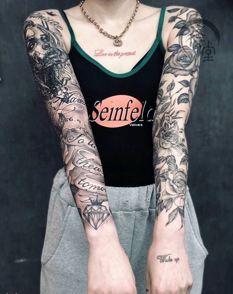 花臂纹身图片_手臂腿部欧美写实花体字纹身图案