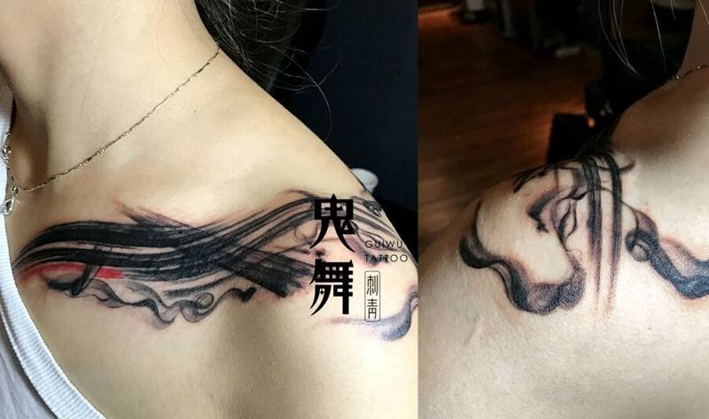 水墨遮盖纹身图片_颈部肩部胸部背部传统国画原创纹身图案
