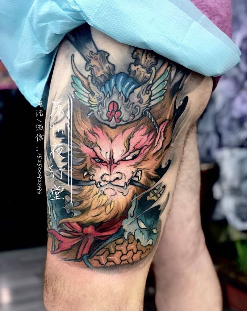 美猴王纹身图片_腿部新传统纹身图案
