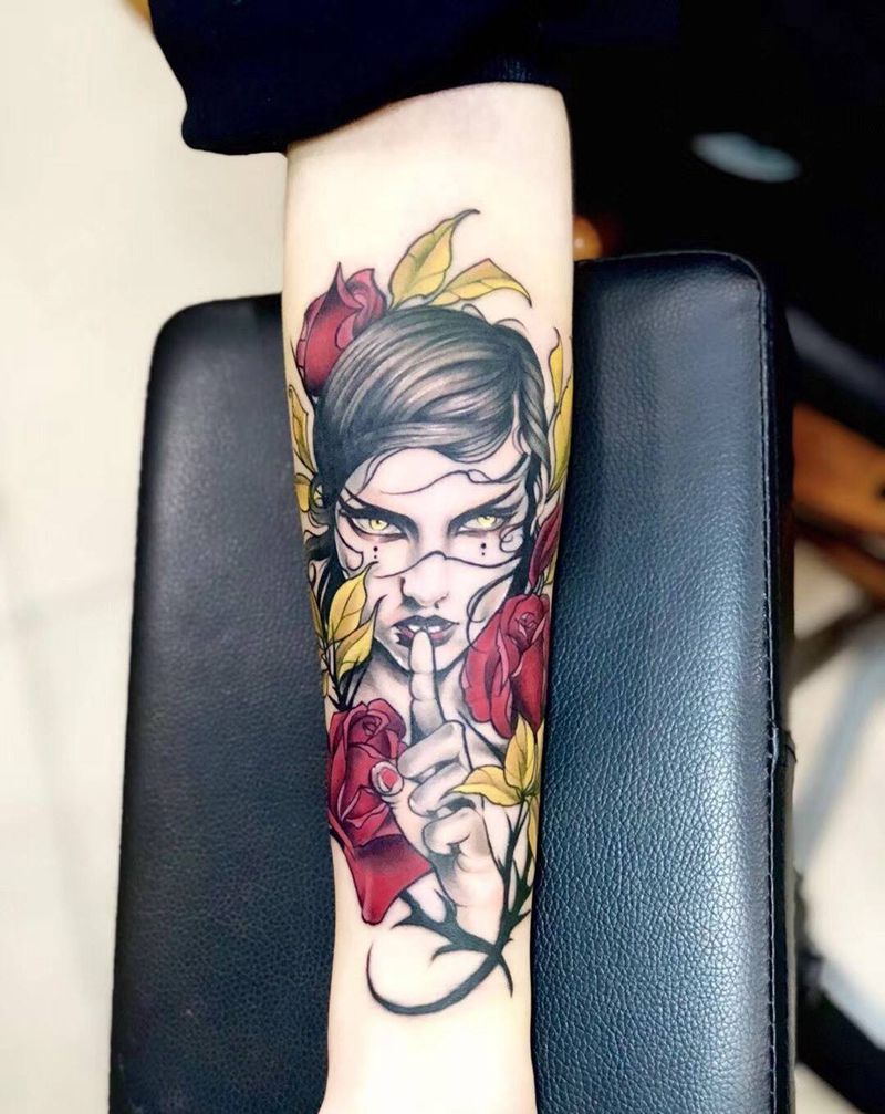 玫瑰女人纹身图片_成品背部手臂腿部欧美肖像人物植物肩部纹身图案