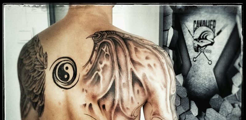 恶魔与天使纹身图片_背部手臂传统字符鬼神图腾成品纹身图案