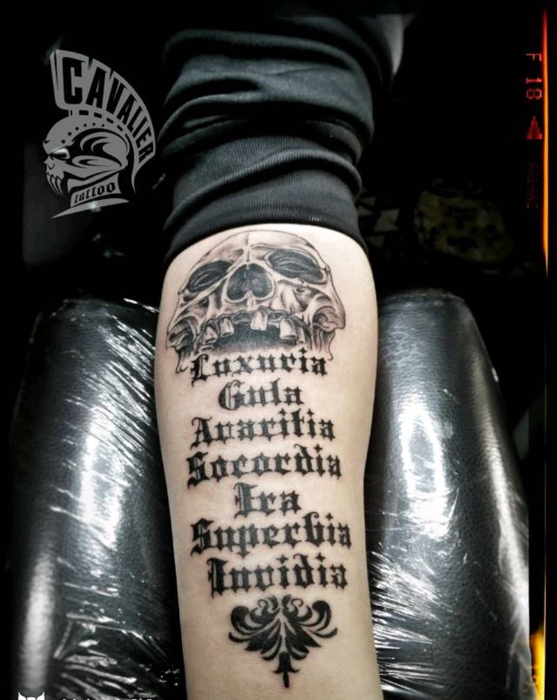 七宗罪-拉丁文纹身图片_手臂欧美清新字符鬼神原创成品纹身图案