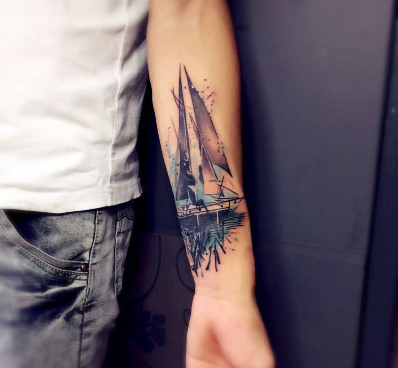 遮盖作品纹身图片_成品手臂欧美帆船纹身图案