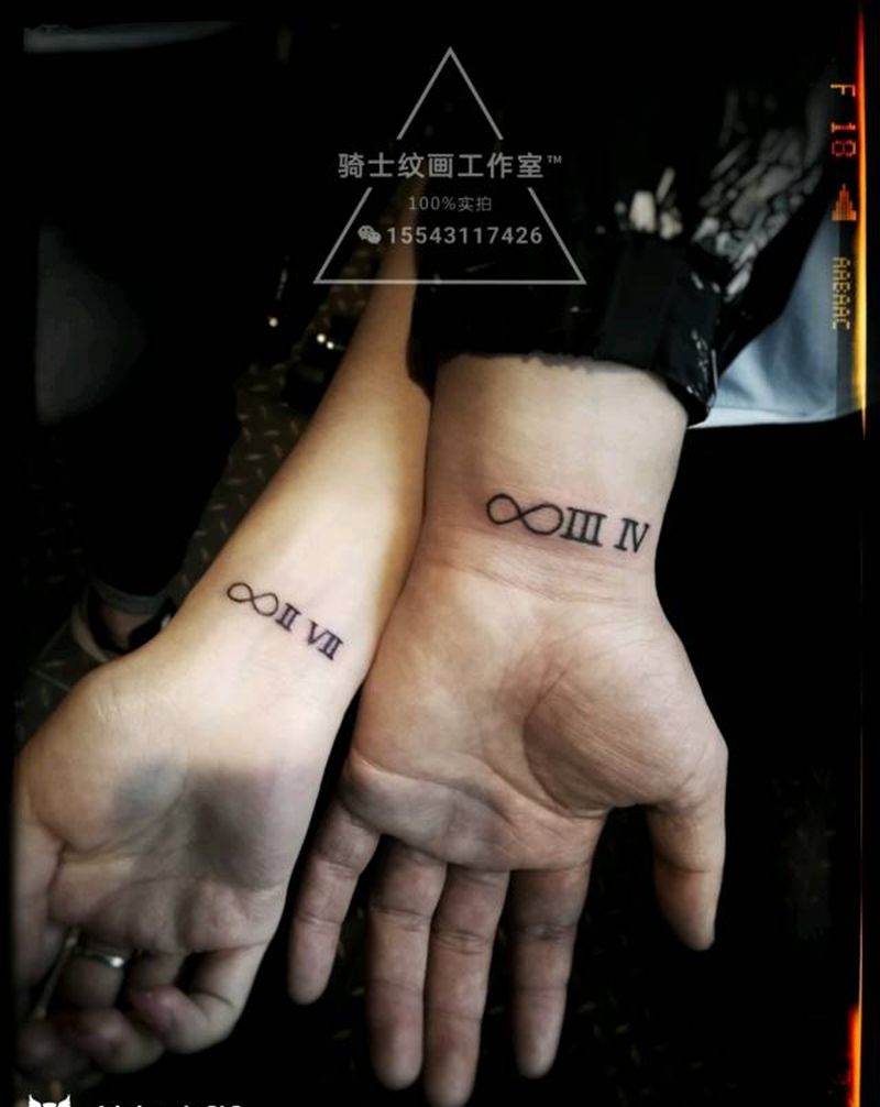 罗马数字情侣纹身纹身图片_手部清新几何字符成品纹身图案