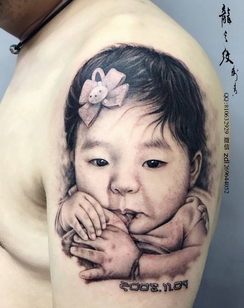 小女孩肖像纹身图片_成品手臂肖像人物龙之纹刺青纹身图案