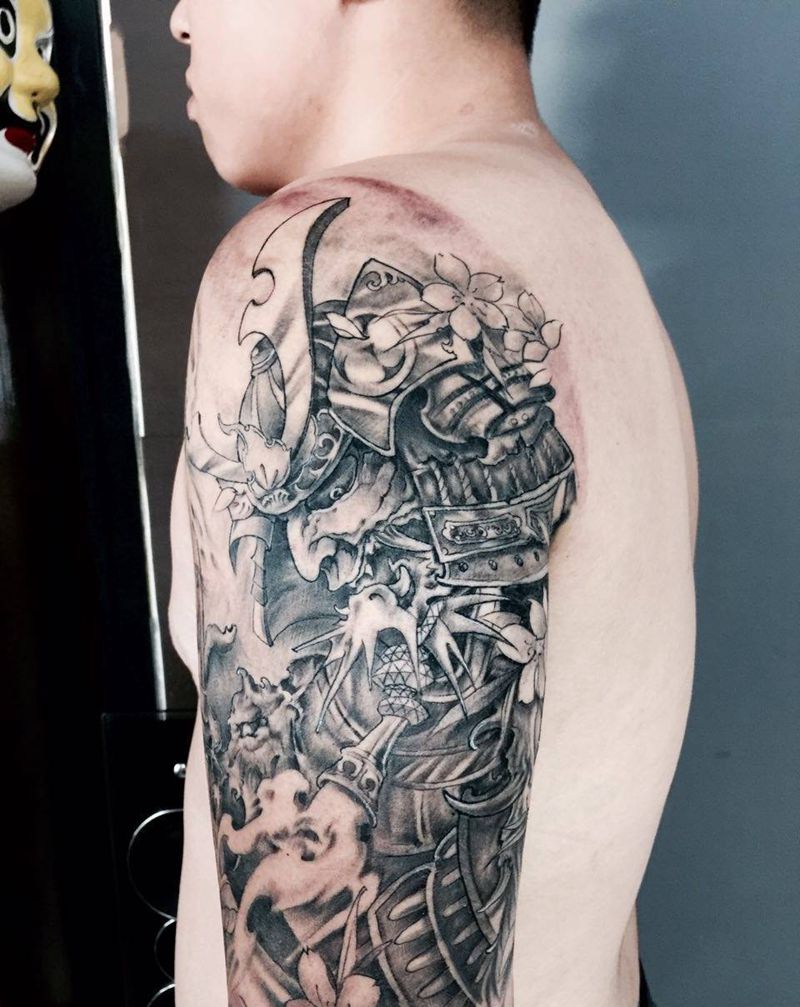 鬼武士纹身图片_成品手臂传统写实鬼神人物纹身图案