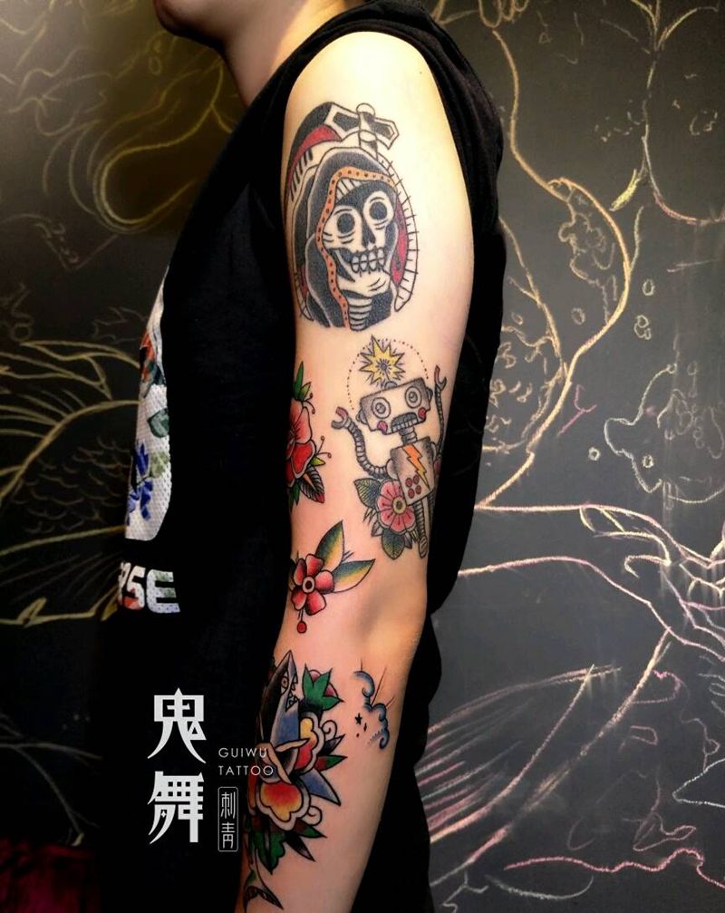 美女花臂纹身图片_手臂手部欧美传统字符动物植物静物原创成品纹身图案