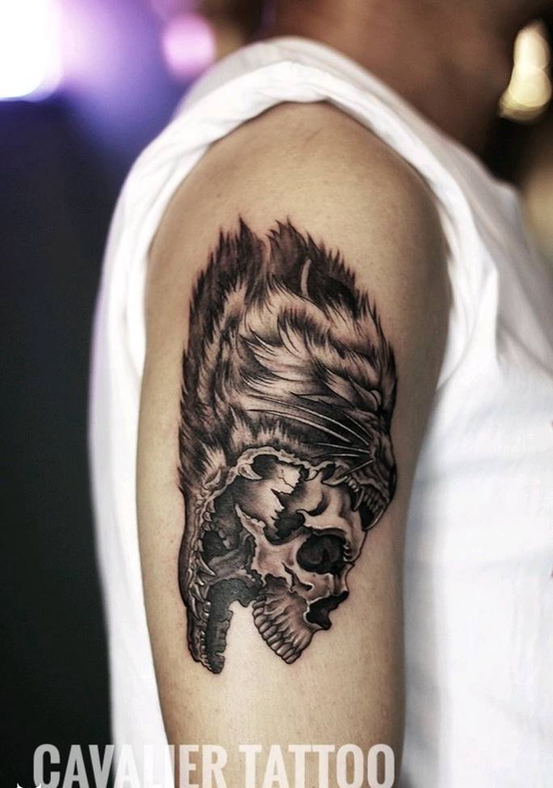 骷髅狼头纹身图片_手臂欧美写实纹身图案