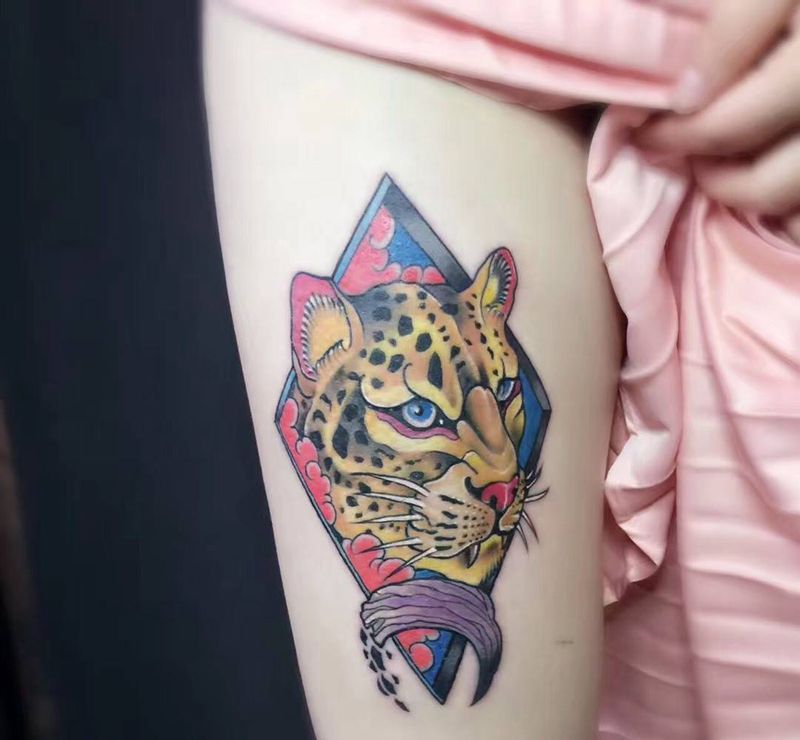 金钱豹纹身图片_成品腿部手臂背部肩部手部欧美清新动物植物纹身图案