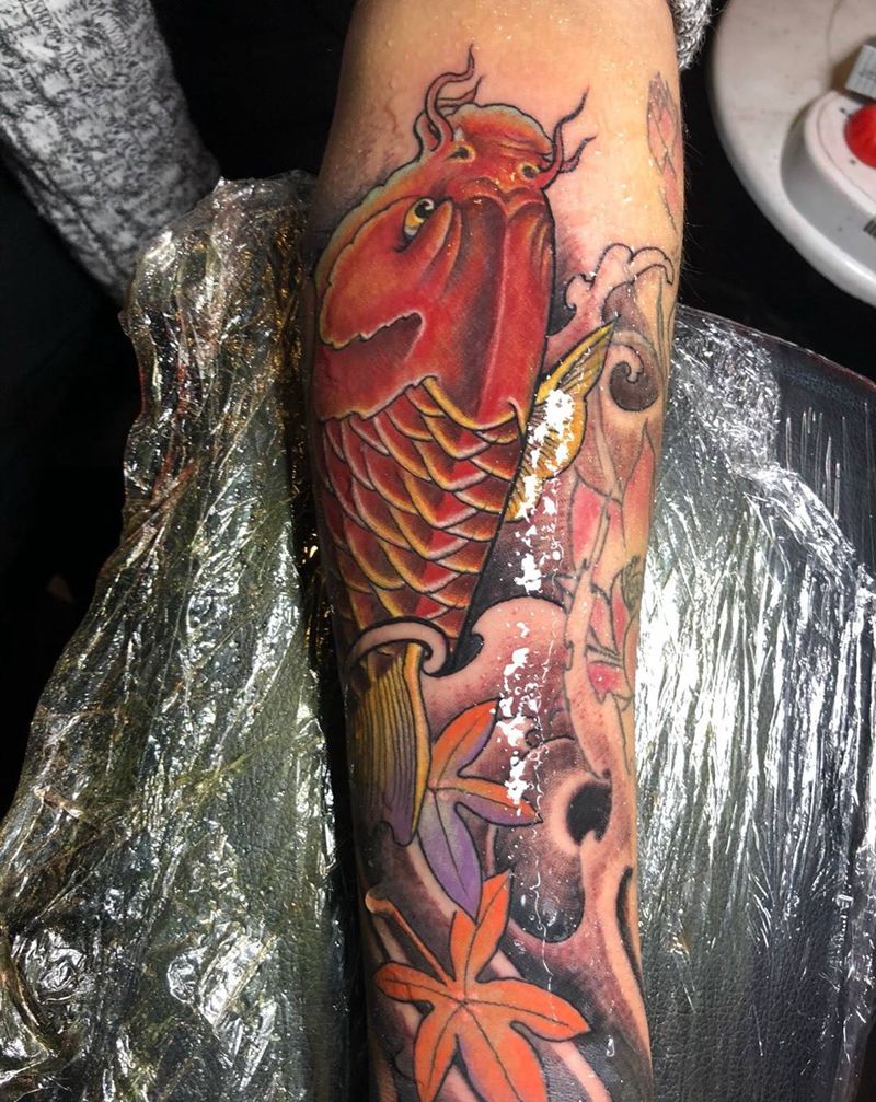 小臂鱼398元纹身图片_成品手臂传统鬼神动物纹身图案