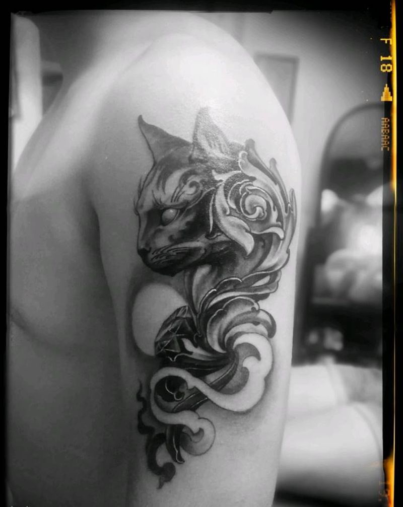 喵了个咪的纹身图片_手臂欧美动物成品纹身图案