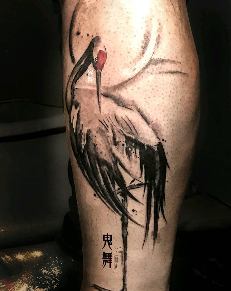鹤纹身图片_腿部传统国画动物原创纹身图案