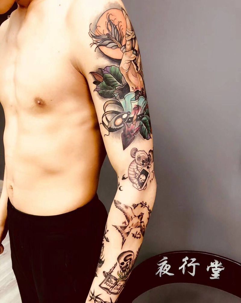 拼接花臂纹身图片_成品手臂欧美清新植物动物原创花臂纹身图案