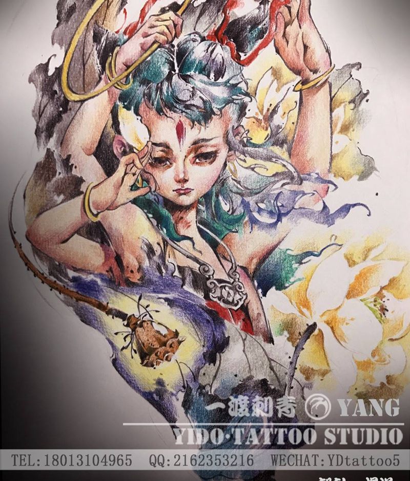 哪吒纹身图片_肩部手臂水彩水墨纹身图案