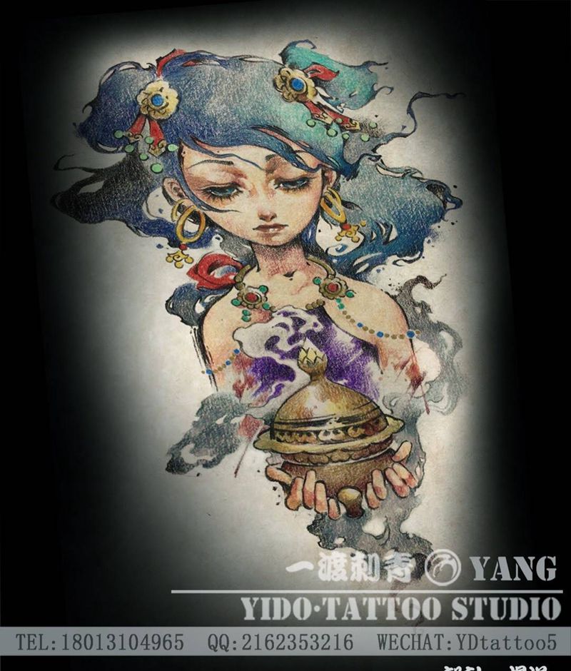 善财童子纹身图片_腿部手臂水彩水墨纹身图案