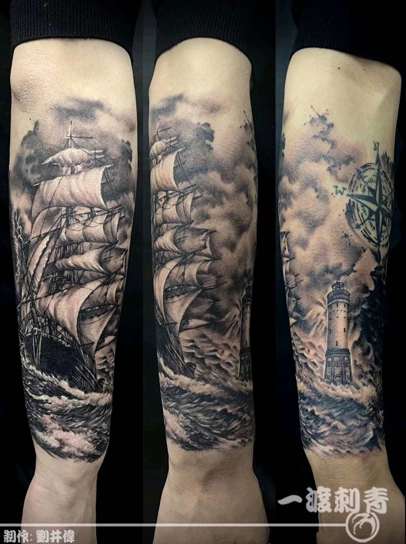 扬帆起航纹身图片_手臂欧美写实纹身图案