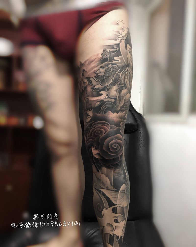 佛与鲤鱼纹身图片_腿部新传统纹身图案