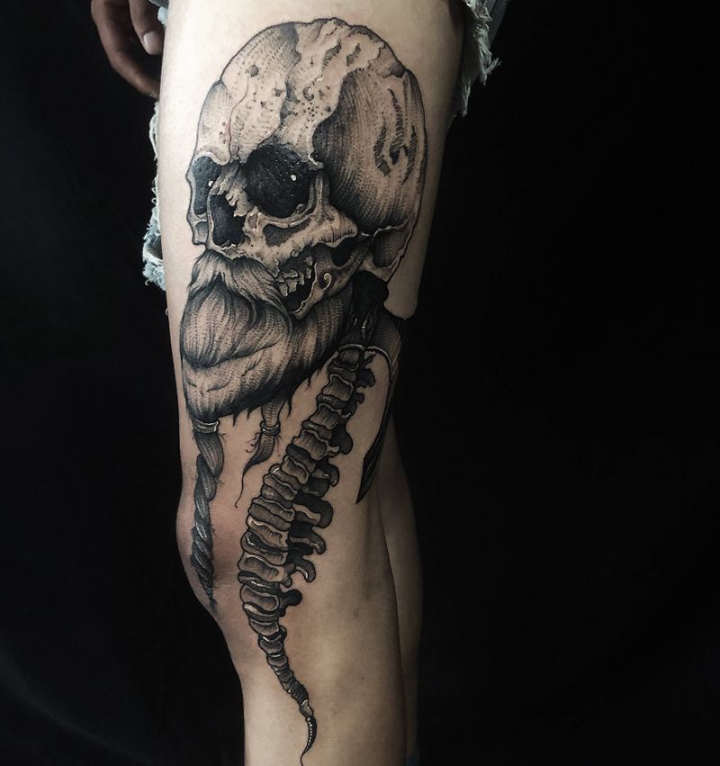 波黑骷髅纹身图片_腿部New School点刺骷髅纹身图案