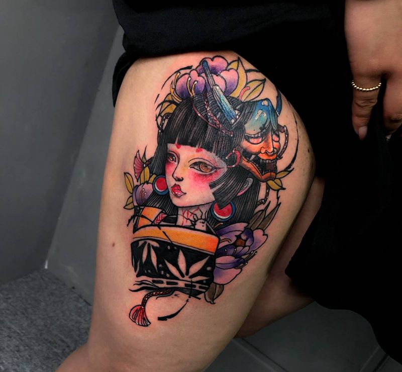 客人欢喜纹身图片_腿部纹身图案